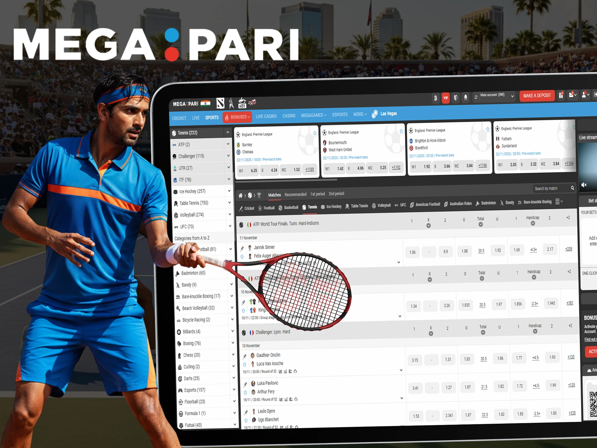 If you are a tennis fan, visit the relevant section of the Megapari site to find the match you want to bet on.