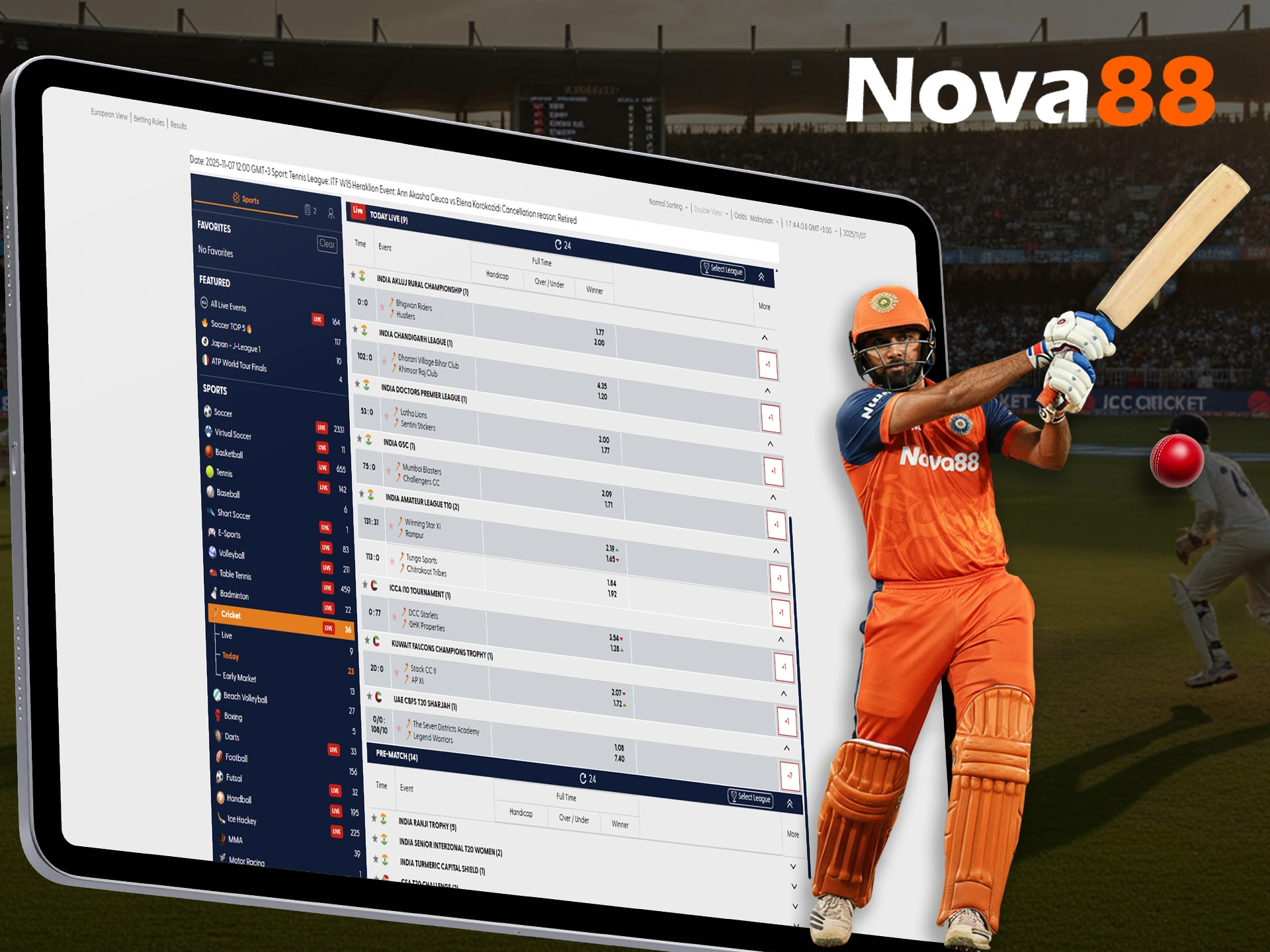 What cricket tournaments can I bet on at Nova88 online casino.