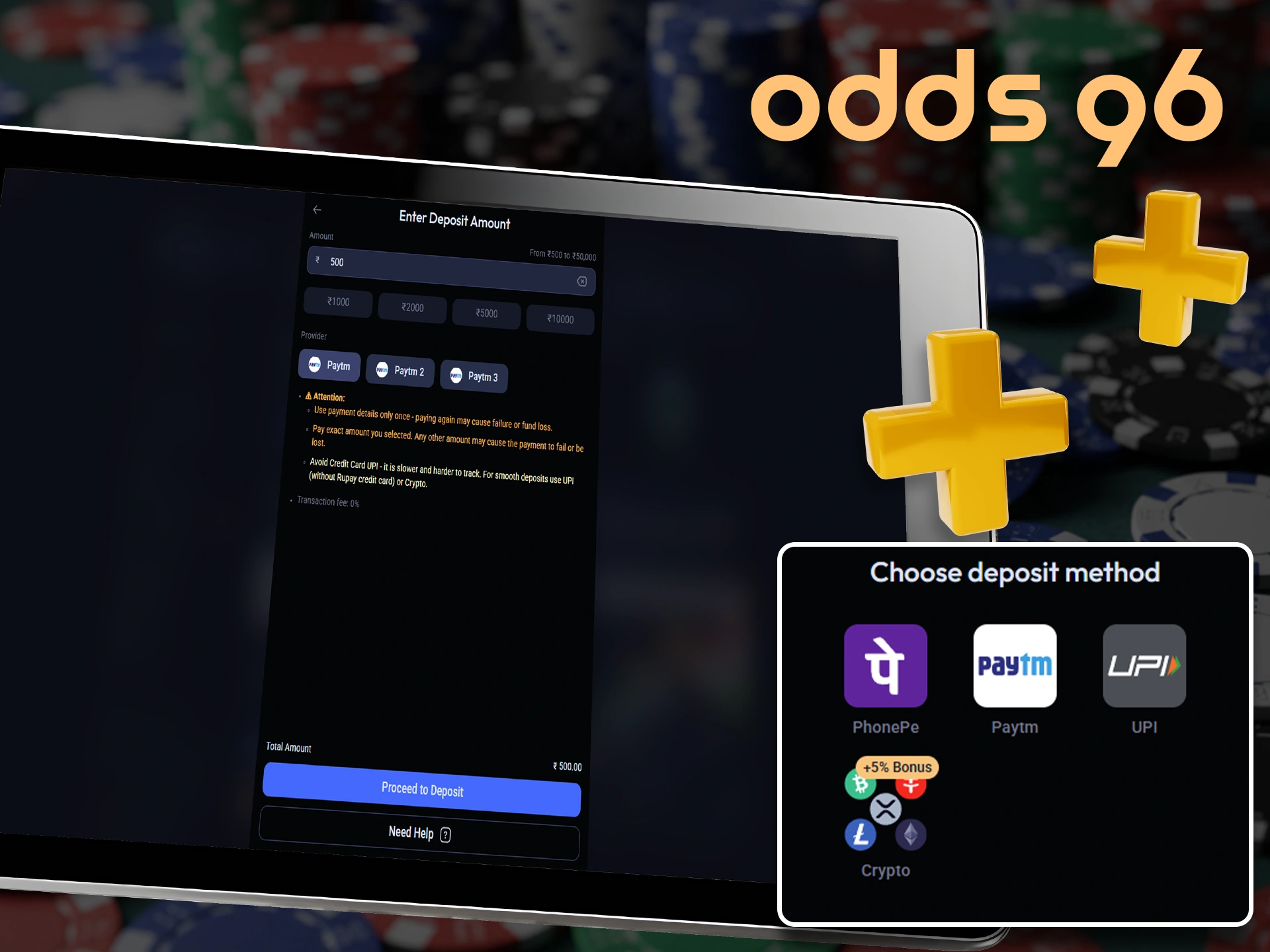 Use popular methods to fund your account at Odds96.