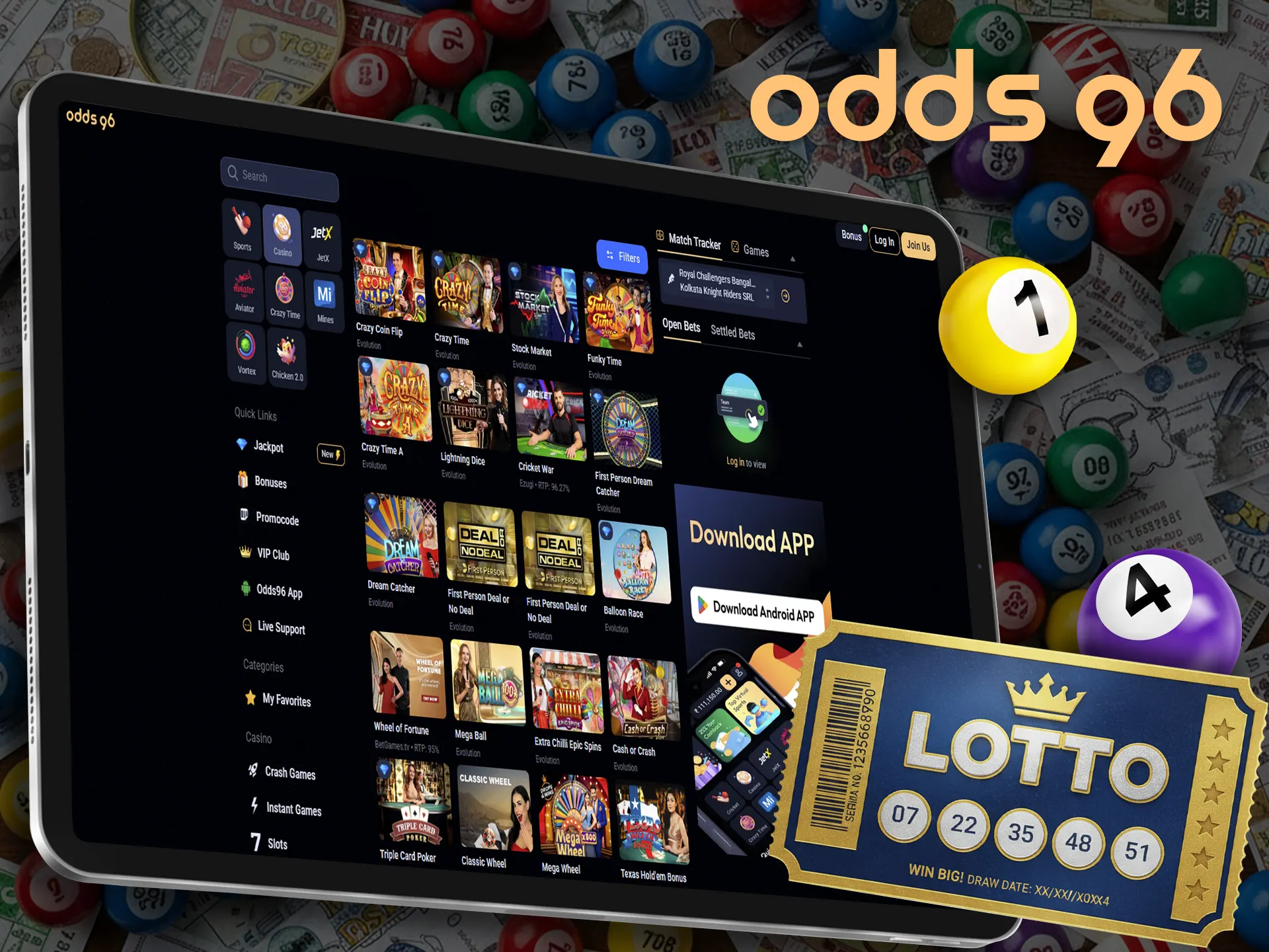 Pull your lucky ticket at Odds96 lotteries.