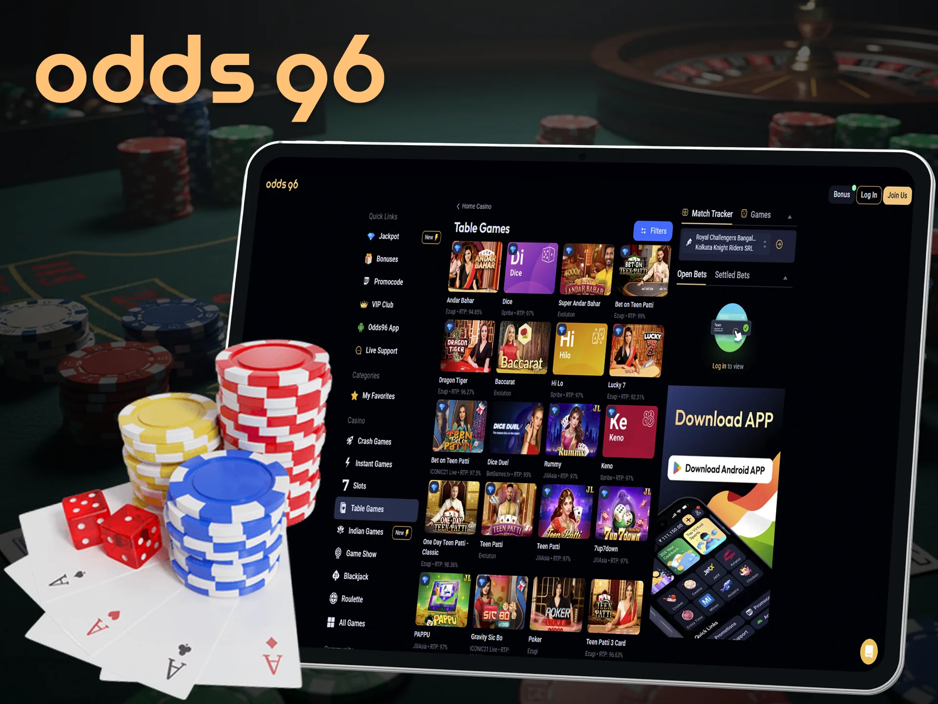 Try your luck at table games at Odds96.
