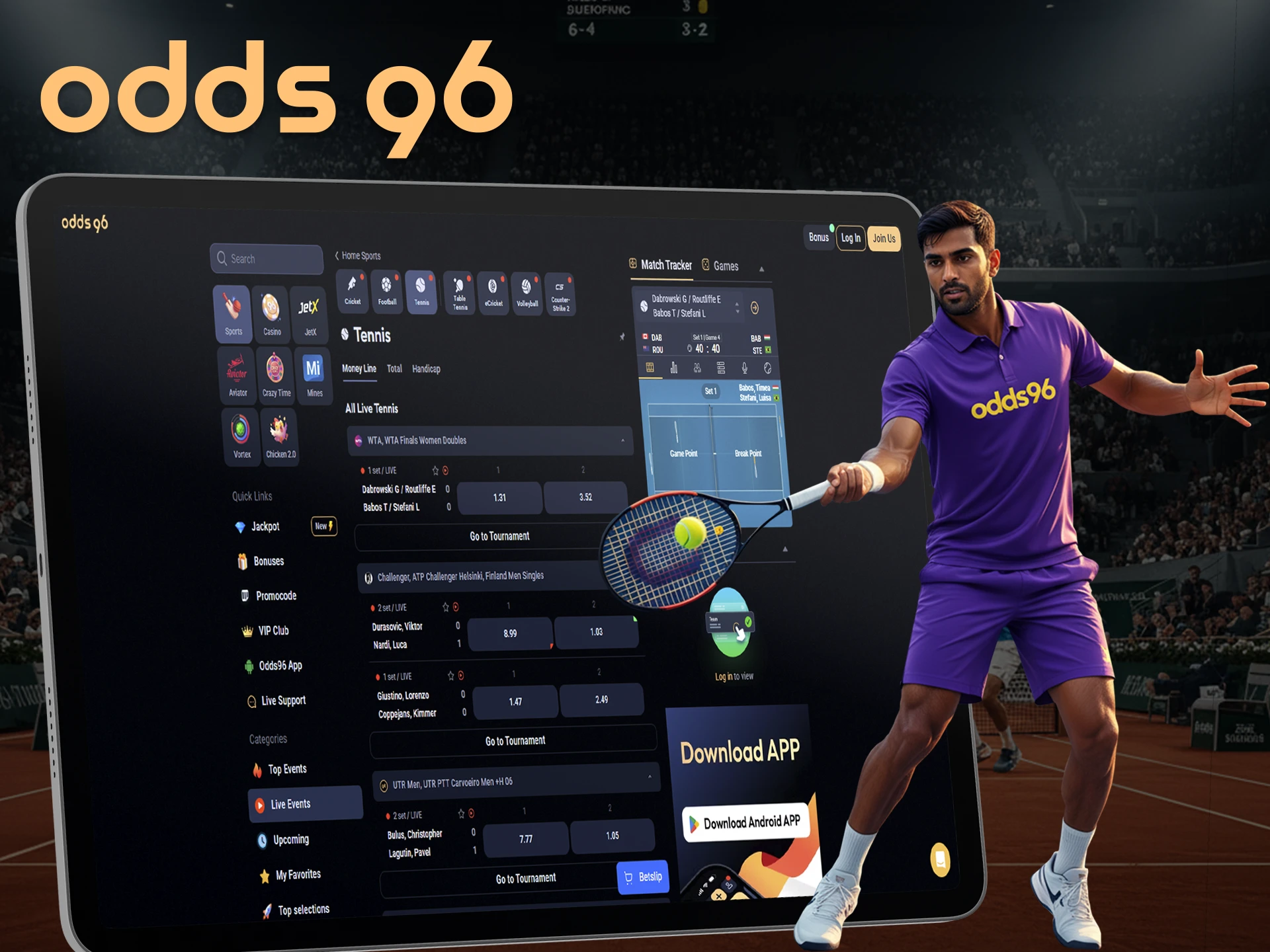 Pick a favourite and bet on Odds96 to win on tennis.