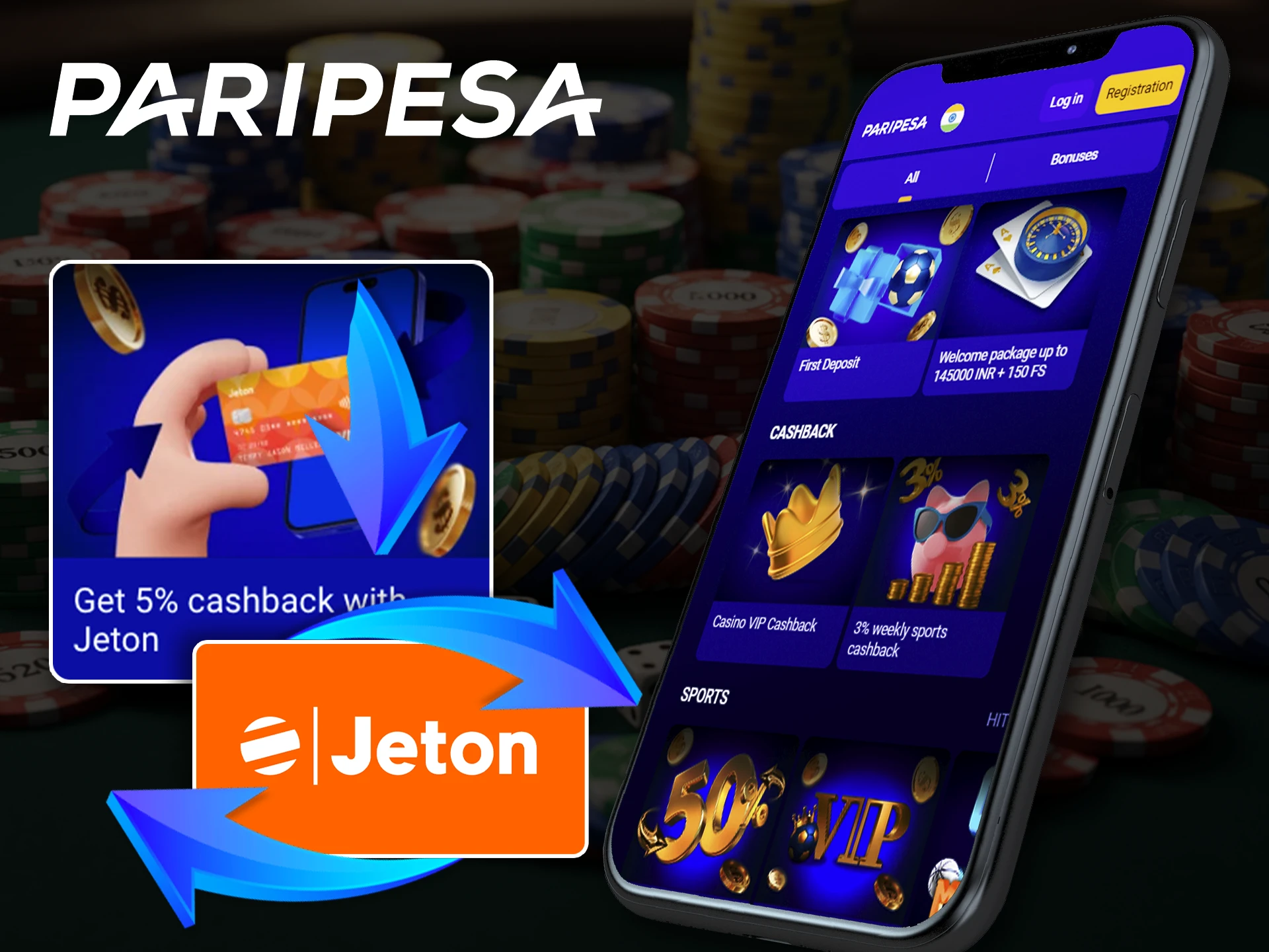 Earn cashback by topping up your Jeton account in the Paripesa app.