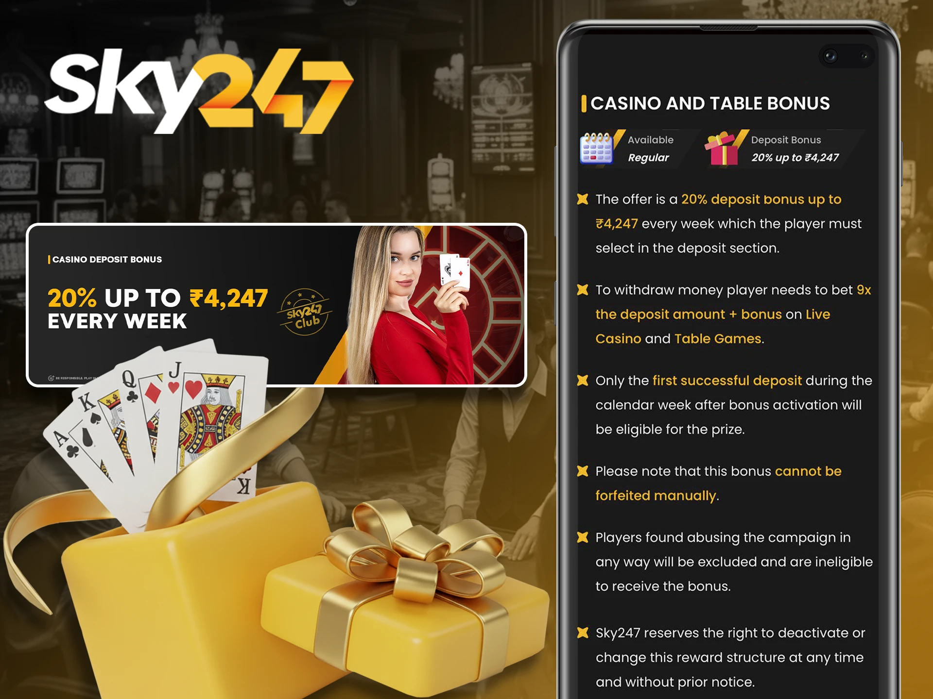 Get a bonus for your wins in casino and table games from Sky247.