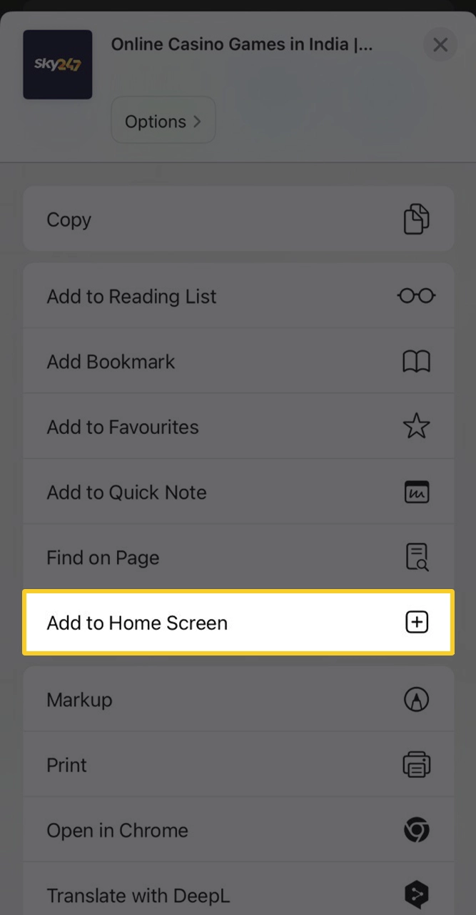 Click on share while on the Sky247 website and add to your home screen?