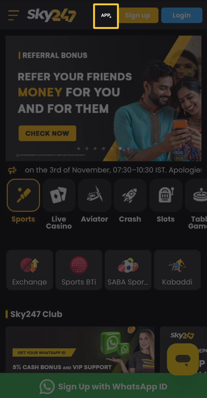 Proceed to download the application from the Sky247 website.