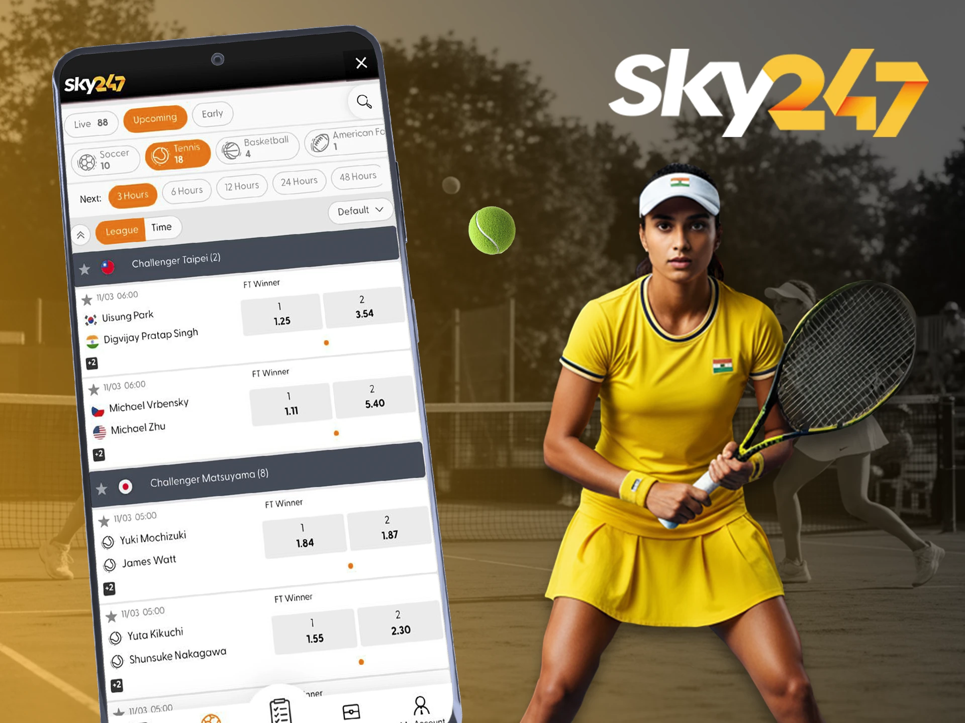 Choose your favourite to bet on a tennis win with Sky247.
