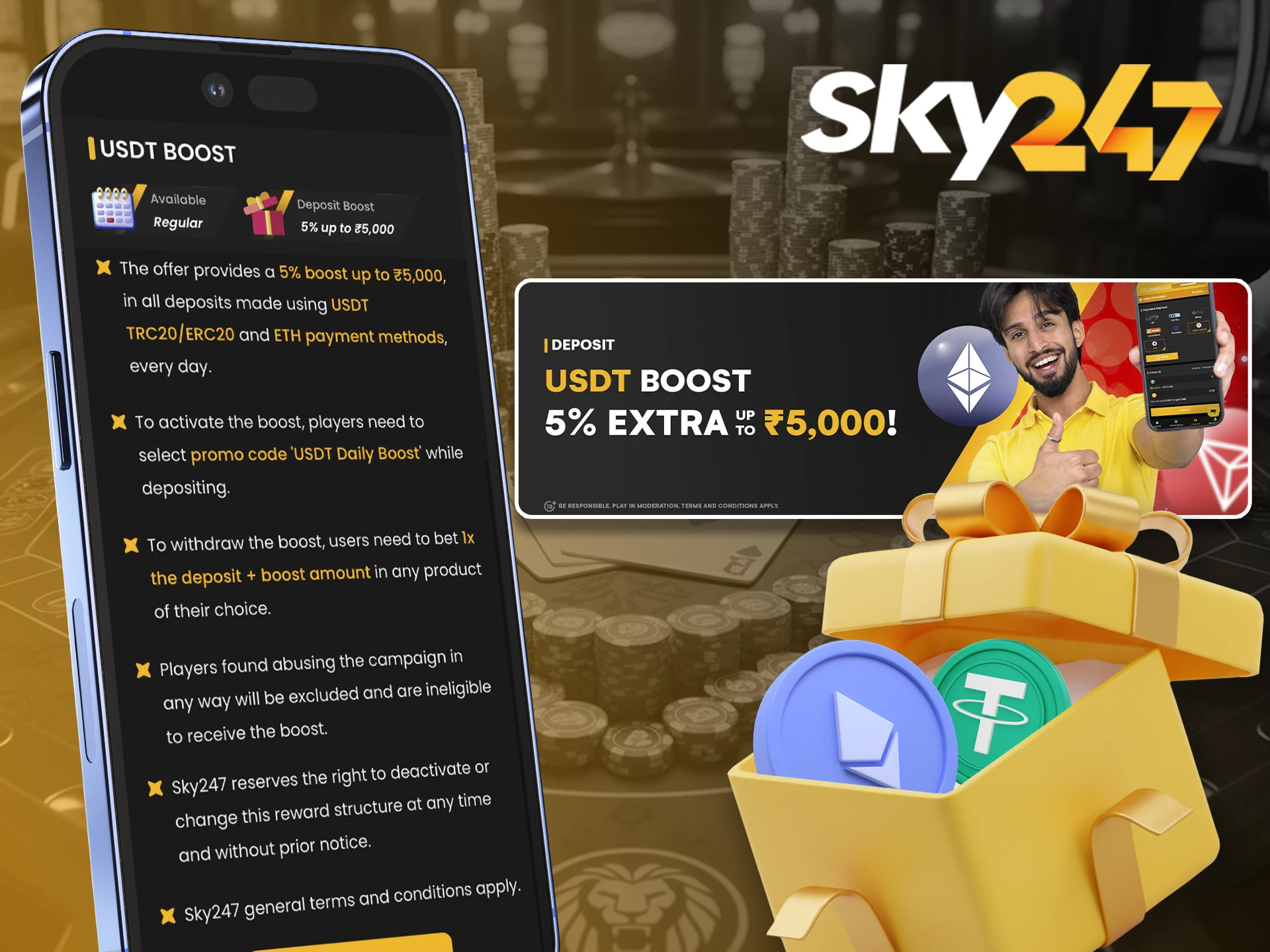 Get crypto bonuses after topping up your account with crypto at Sky247.