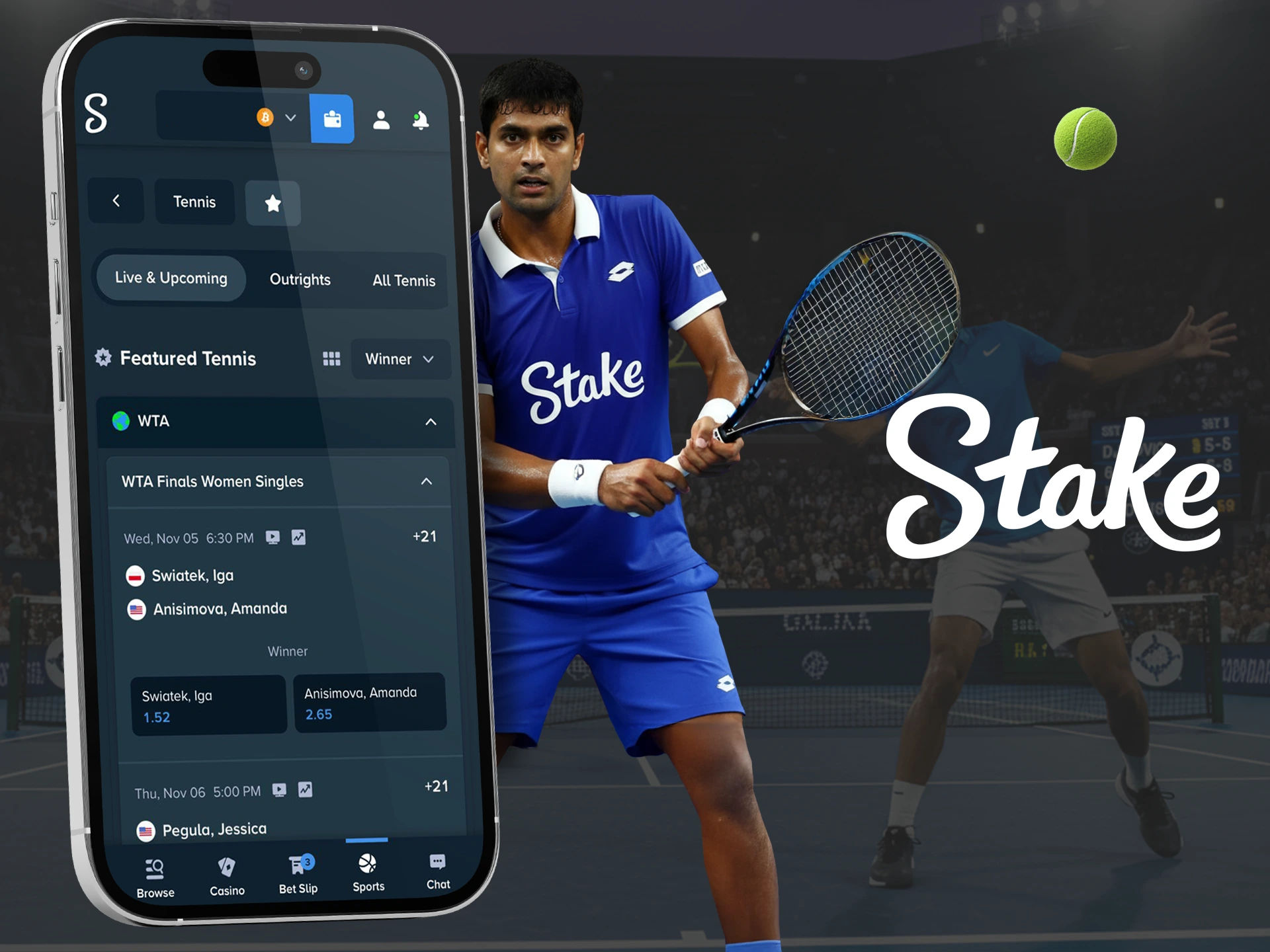 Bet on the strongest tennis player and win in the Stake app.