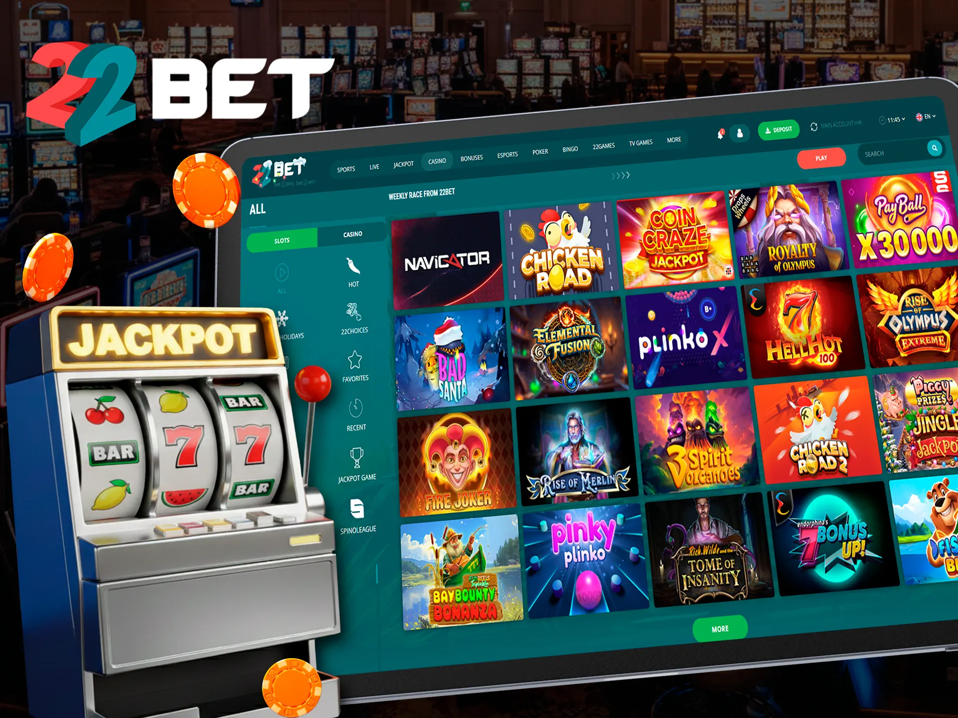 Hit the jackpot by betting on slots at 22bet.