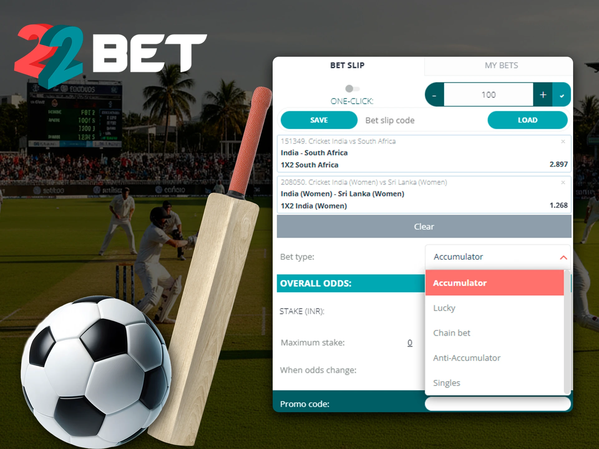 Choose the appropriate bet type for specific matches at 22bet.