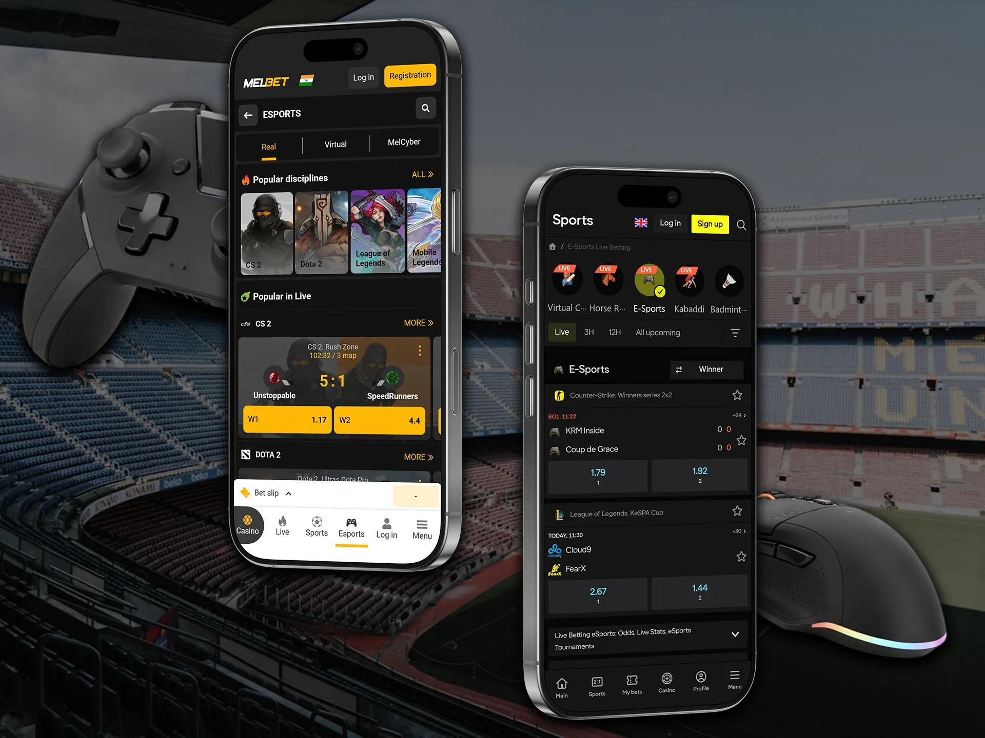 Access all esports games, bonuses, and payments in mobile apps.