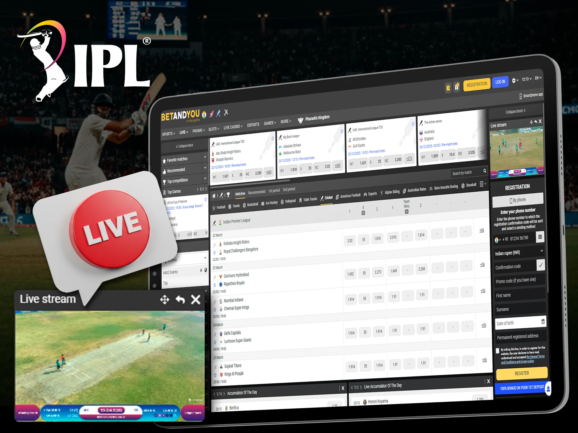 Place your bets while watching the IPL live match.