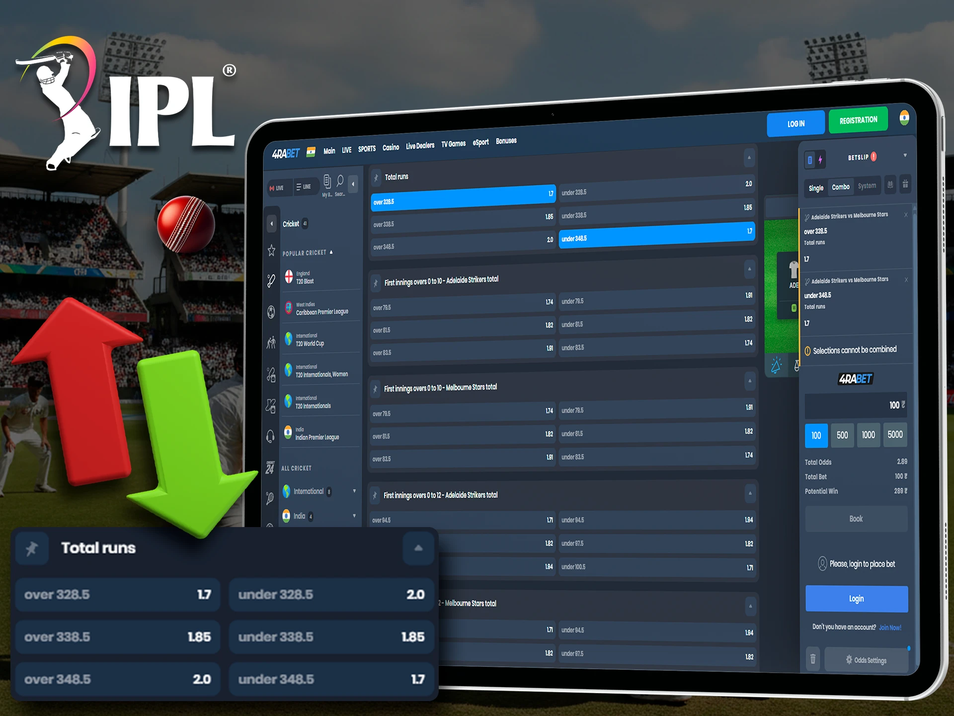 Try betting at Total Runs on the IPL tournament where great odds await you.