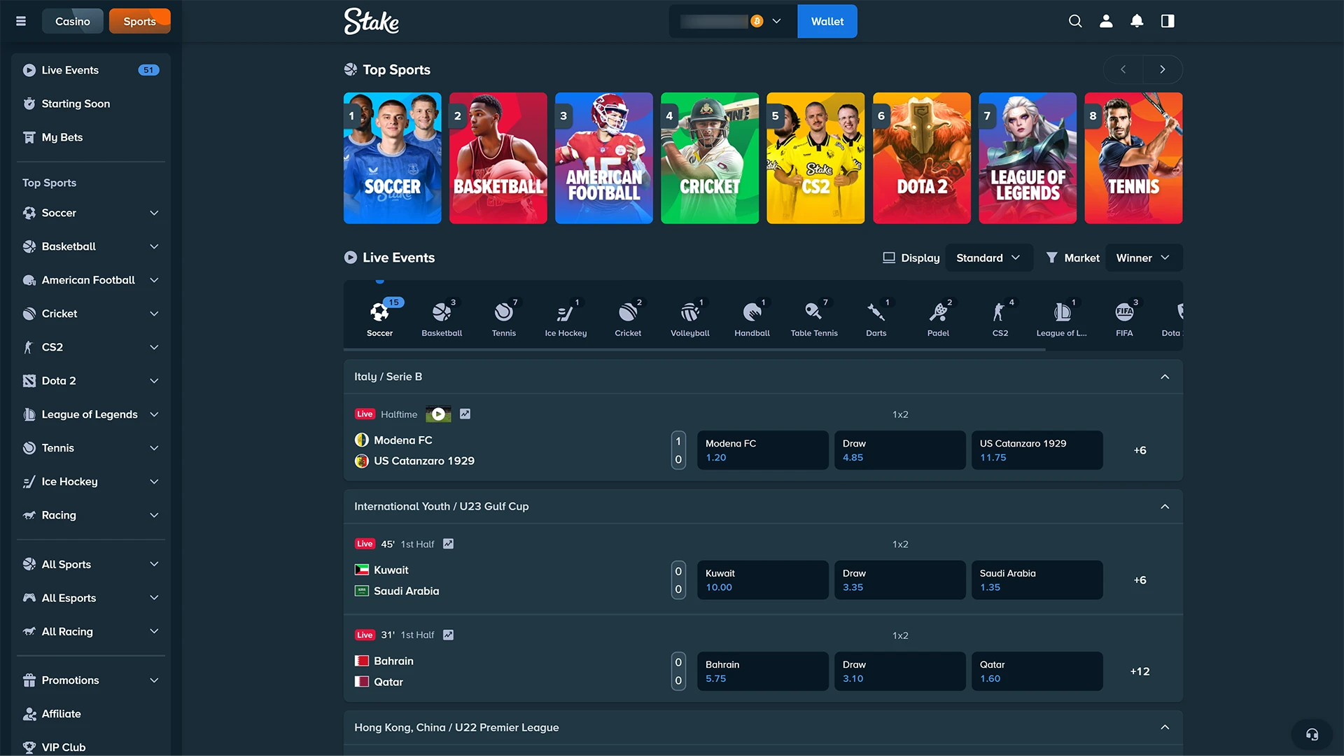 Select the tournament and match you want to bet on.