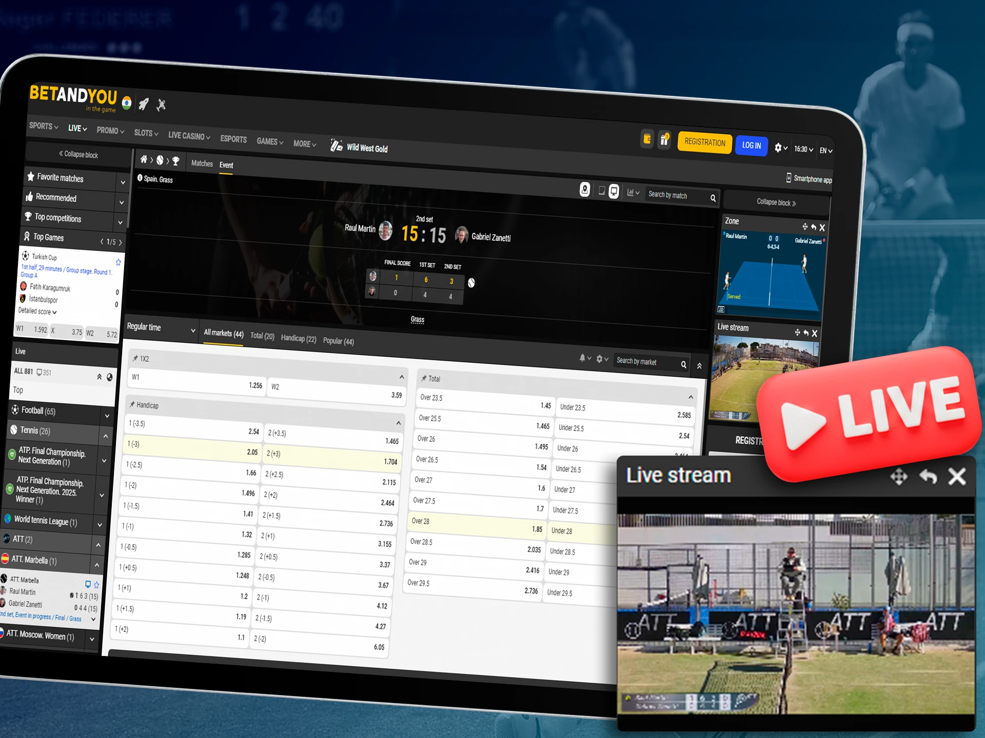 Follow the match and place live bets on tennis.