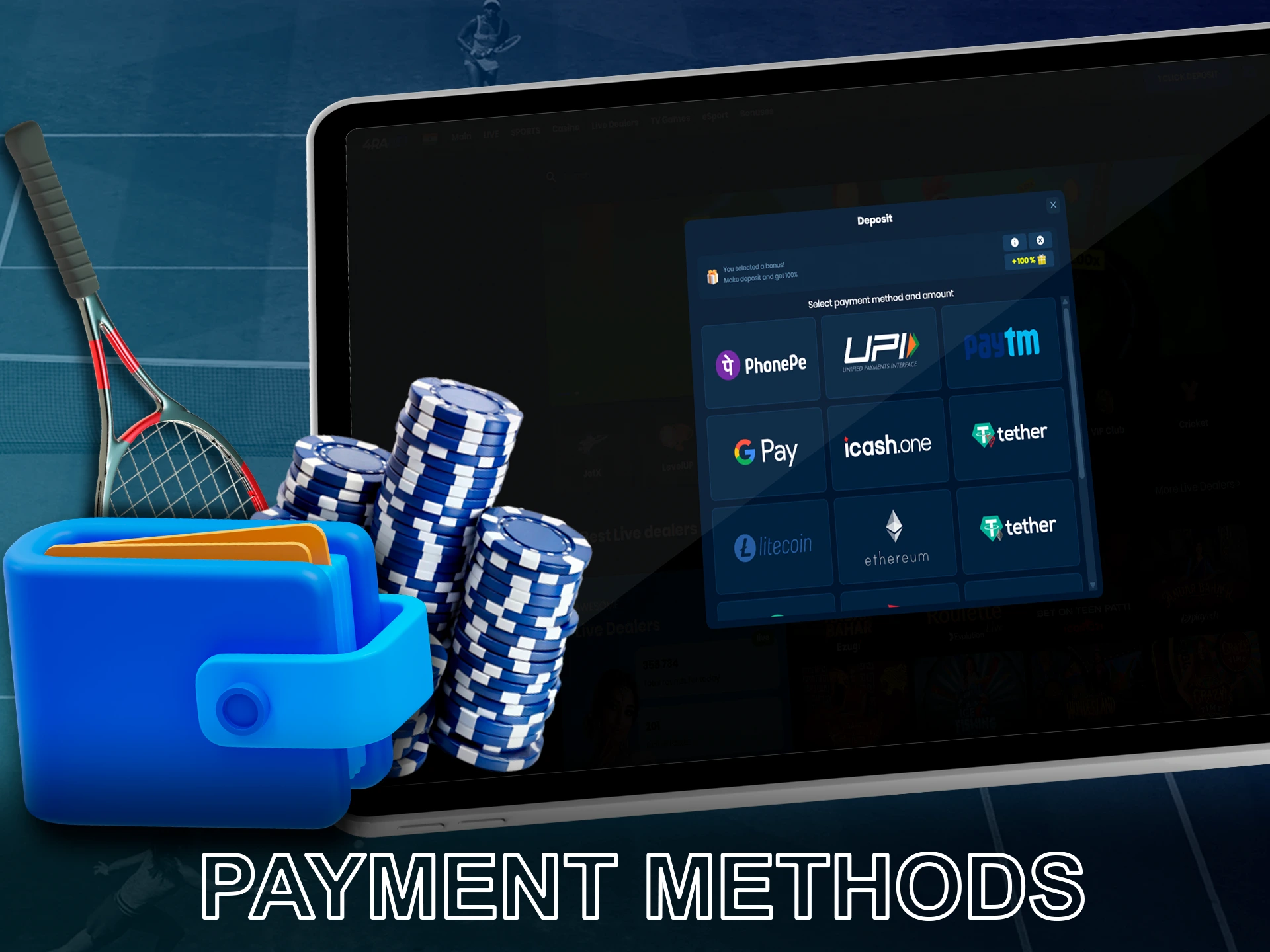 Fund your account with instant payment methods for tennis betting.