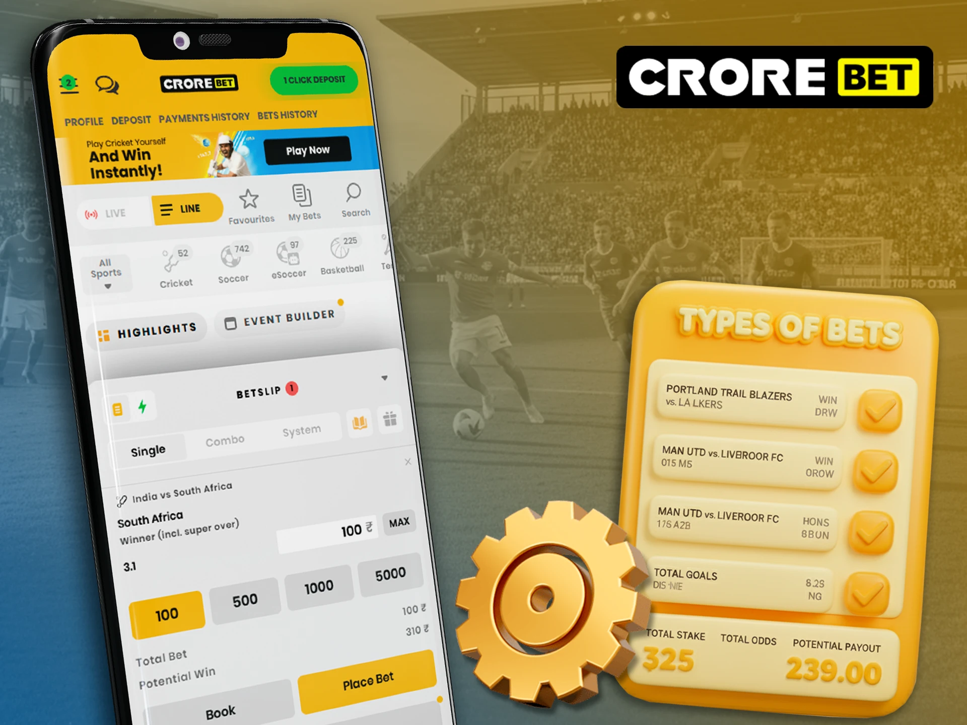 Use betting options in the Crorebet app to win.