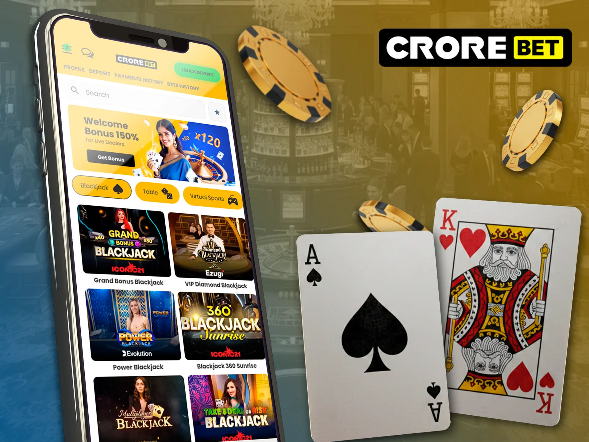 Good luck awaits you when betting on blackjack with the Crorebet app.