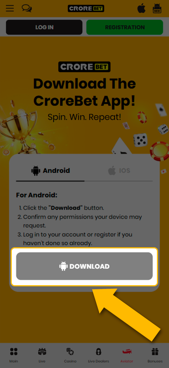 Start installing the application on the official Crorebet website.