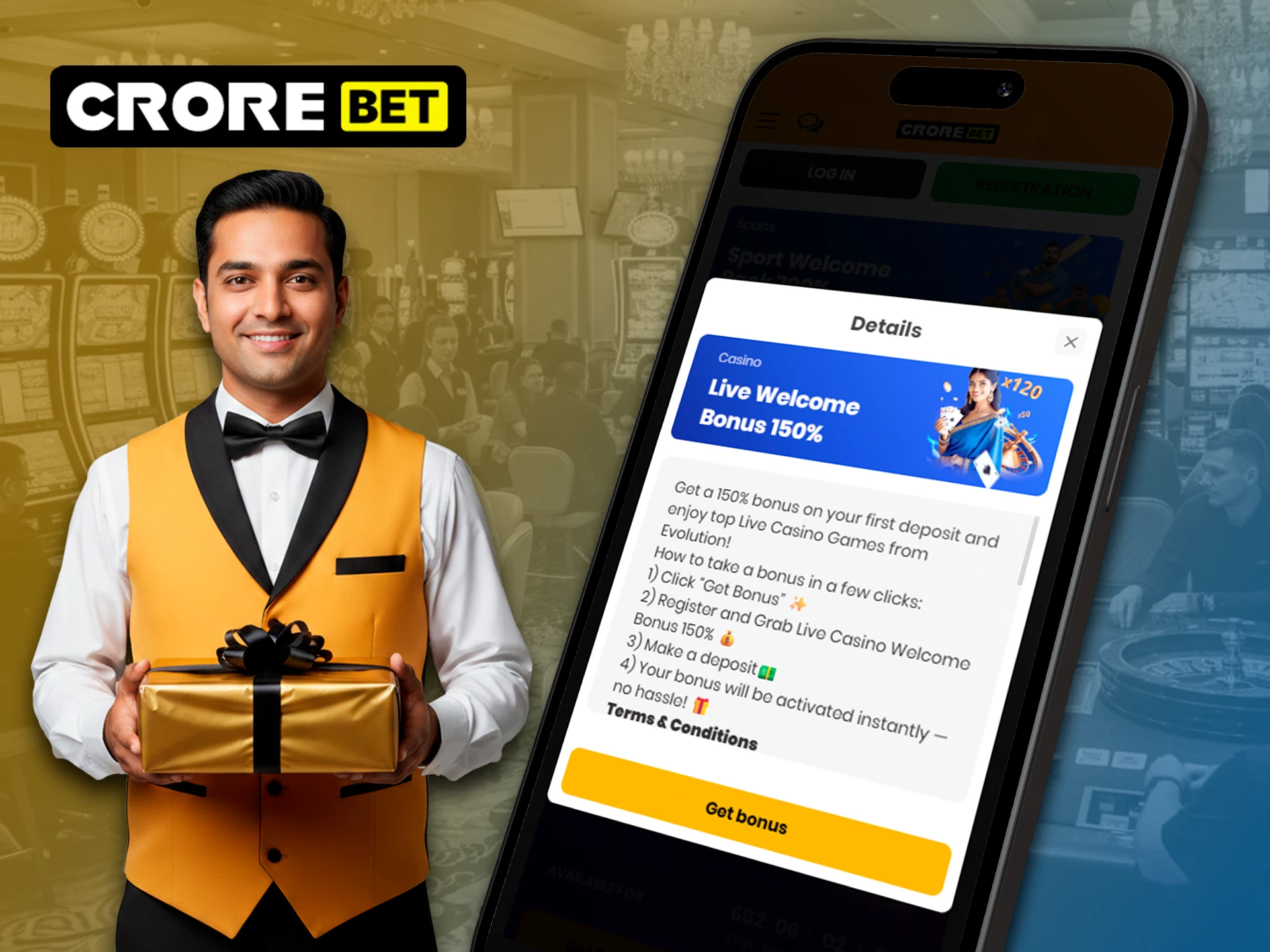Place live bets at the casino with a bonus from the Crorebet app.