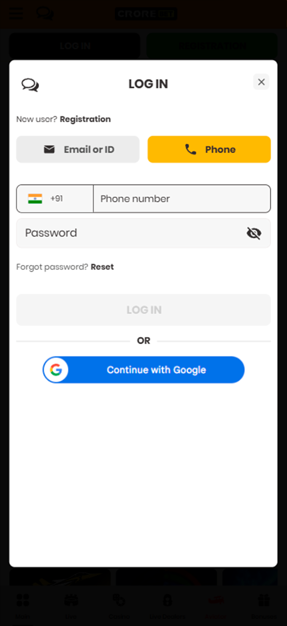 Access betting after logging into your Crorebet app account.