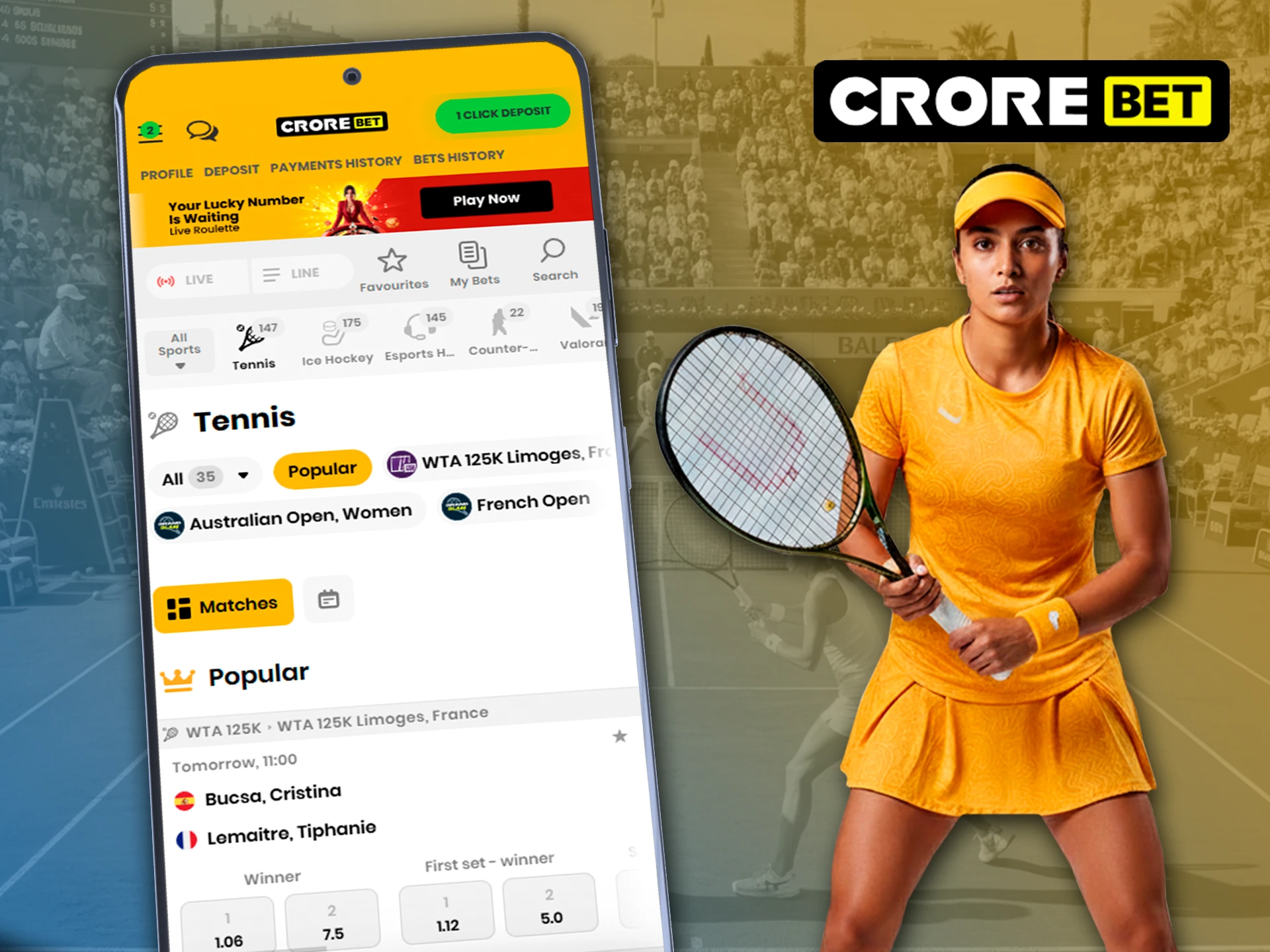 Choose your favorite in tennis betting with the Crorebet app.