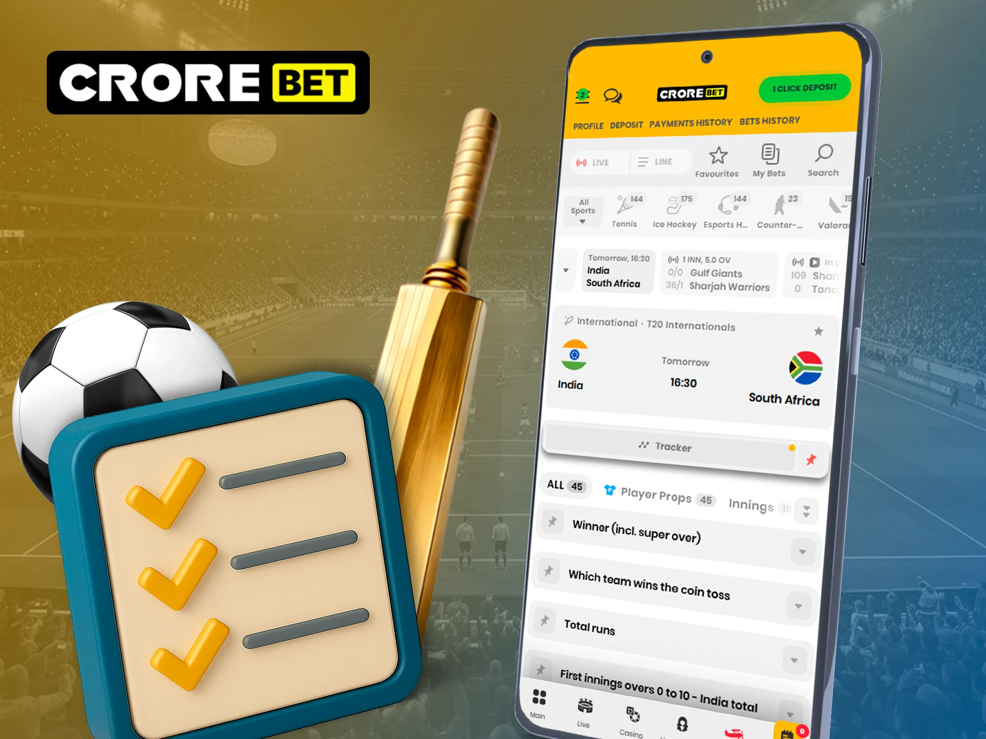 Use bet types for different matches in the Crorebet app.