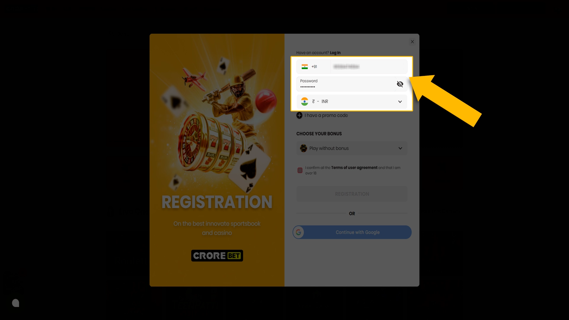 Enter your phone number and password to register at Crorebet.