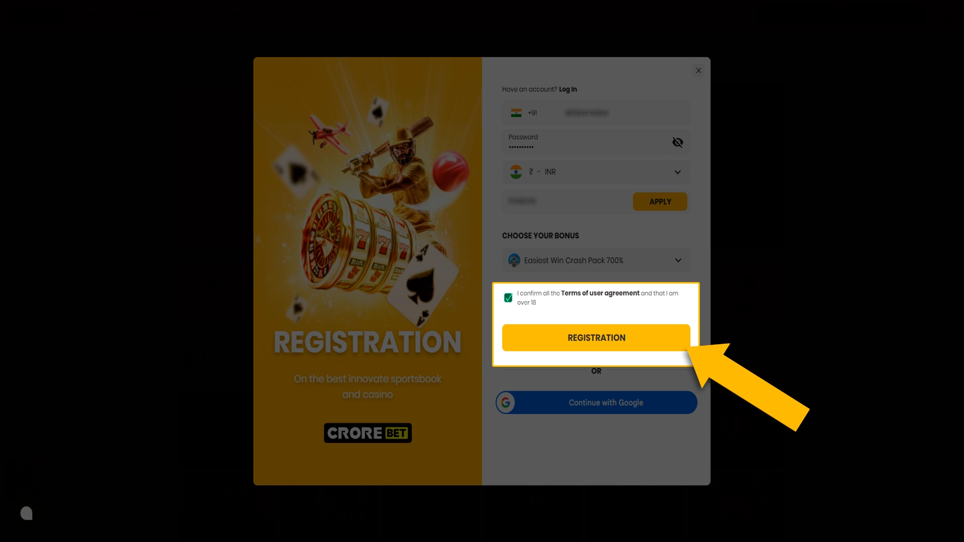 Complete registration and proceed to betting at Crorebet.