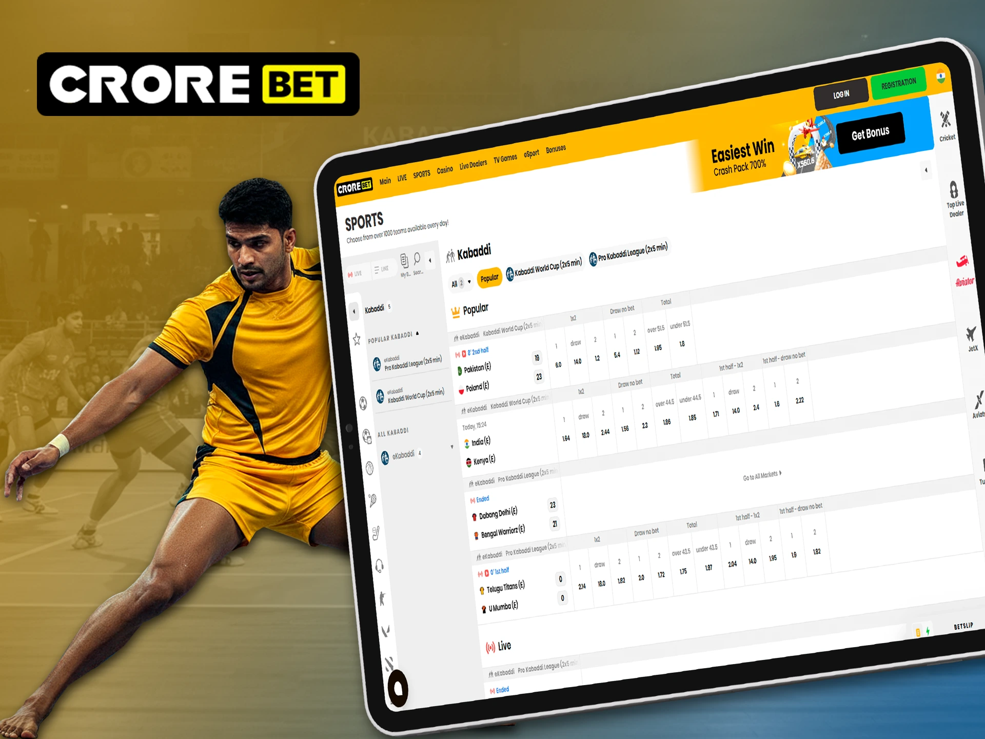 Choose your favorite kabaddi team for betting at Crorebet.