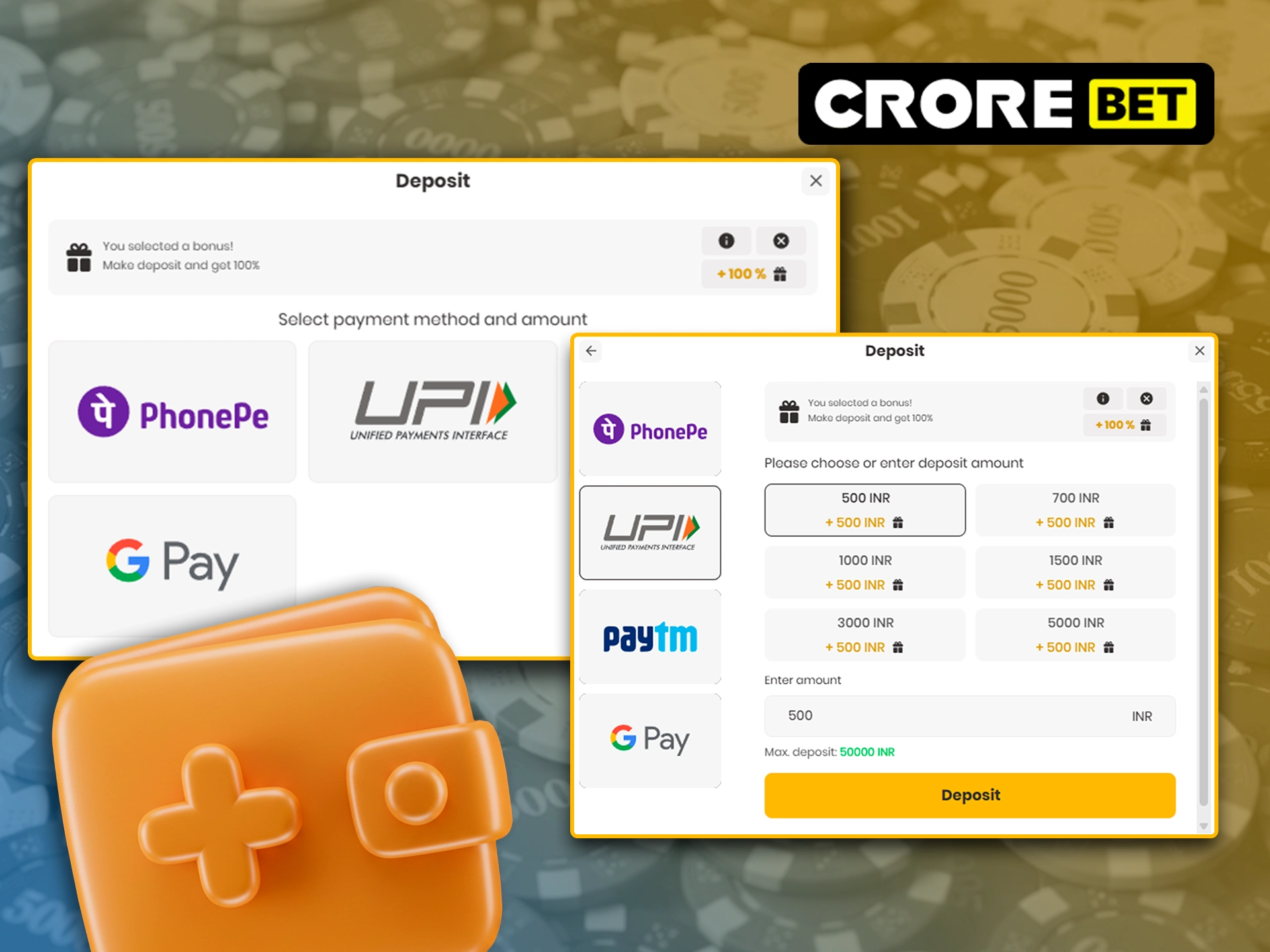 Top up your Crorebet account to start betting.