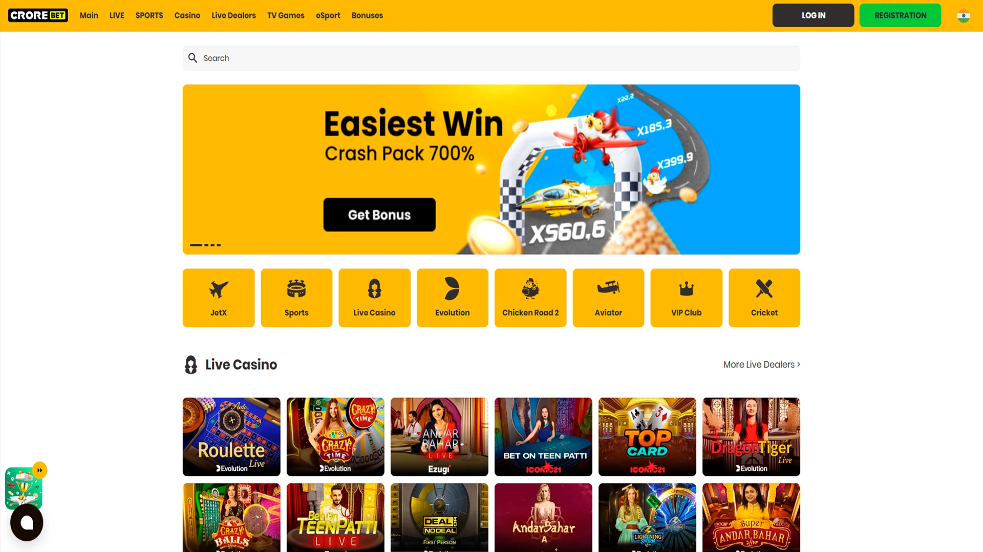 Get to know the main screen of the Crorebet website.