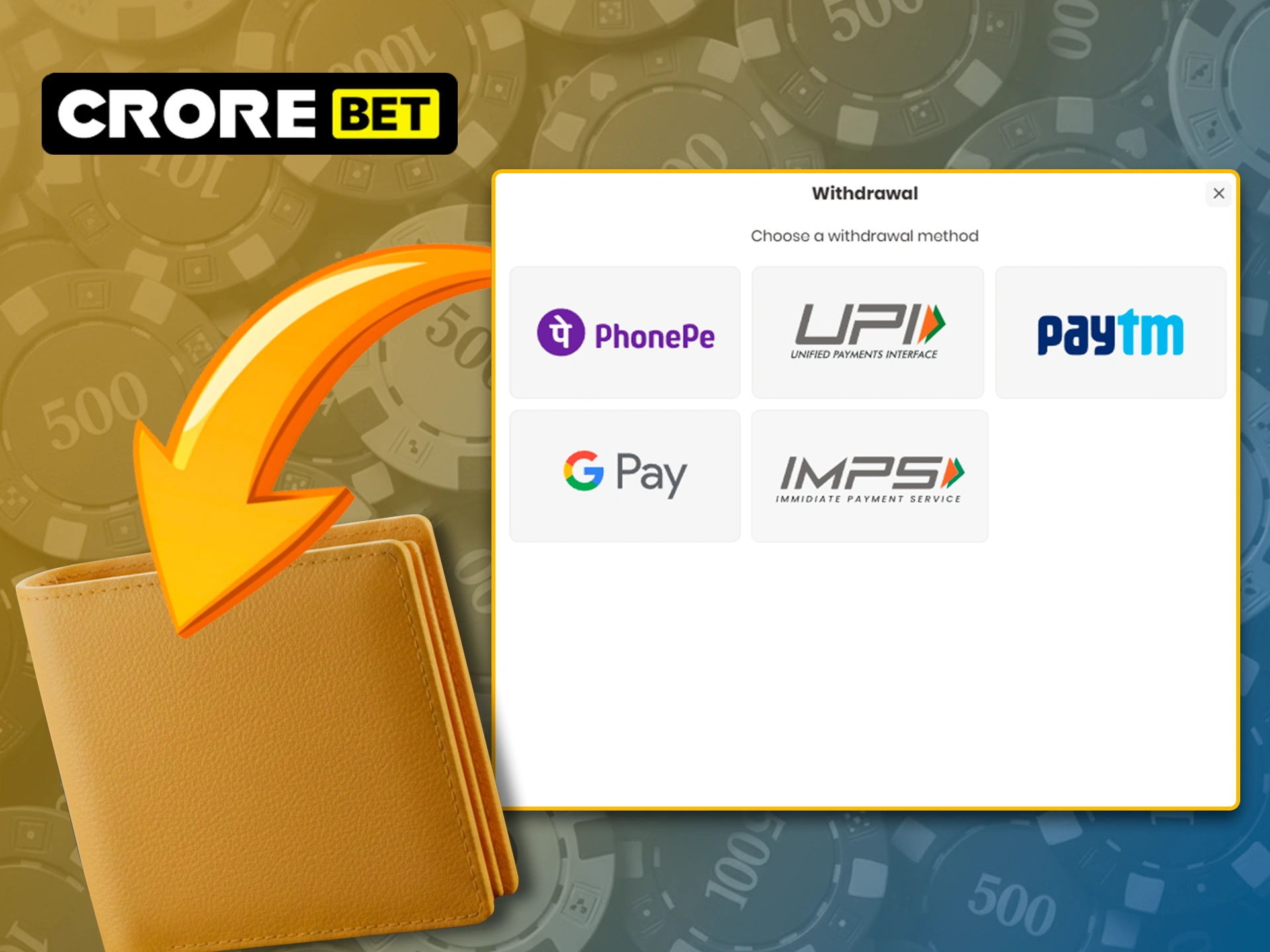 Withdraw winnings from Crorebet instantly to a convenient account.