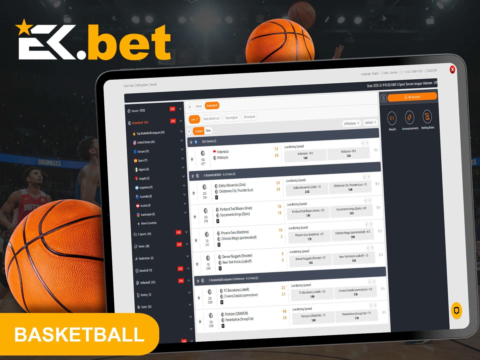 Log in to your EkBet account and open the basketball betting section.
