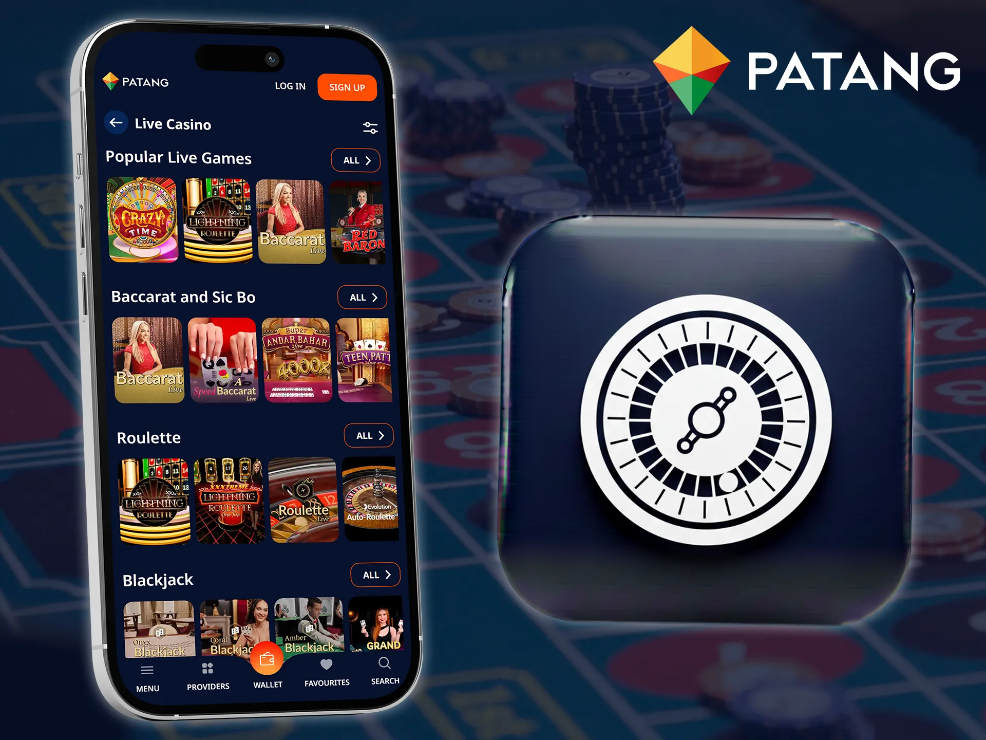 Play live casino games with real dealers in the Patang mobile app.