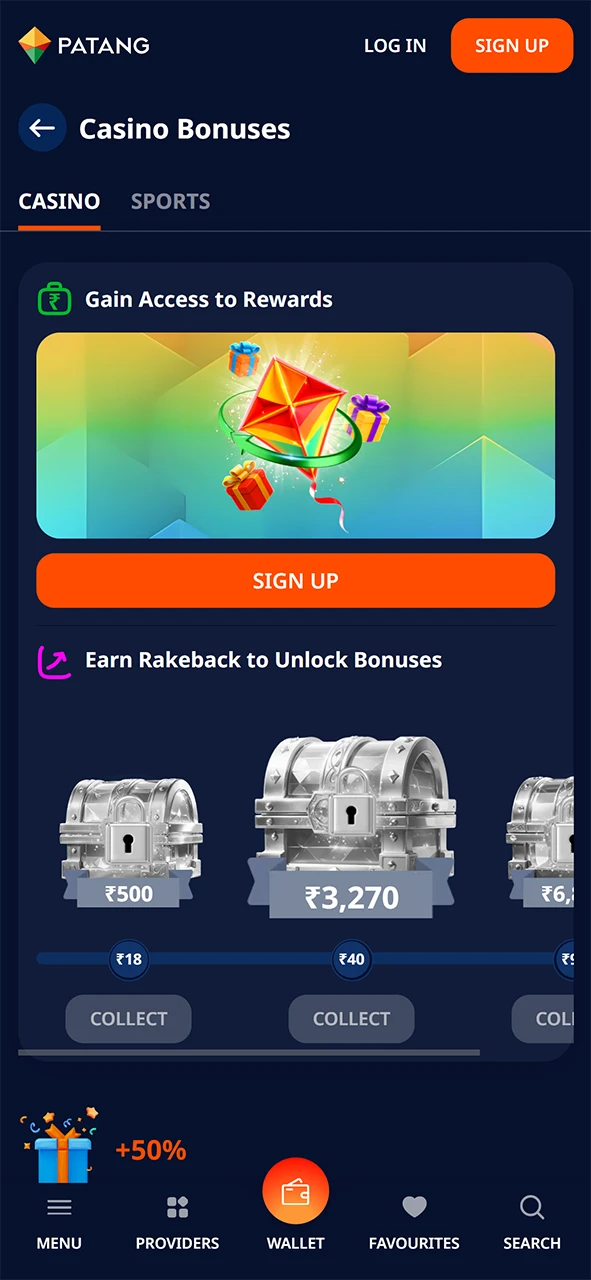 Bonuses and promotions section in the Patang mobile app.