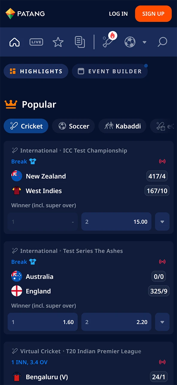 Sports betting section in the Patang mobile app.