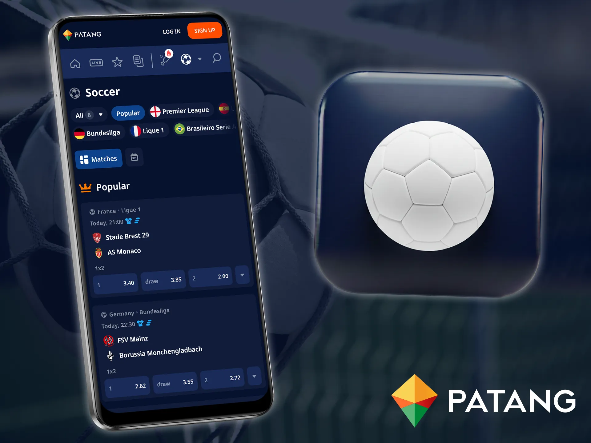 The Patang app offers the most popular soccer tournaments for betting.