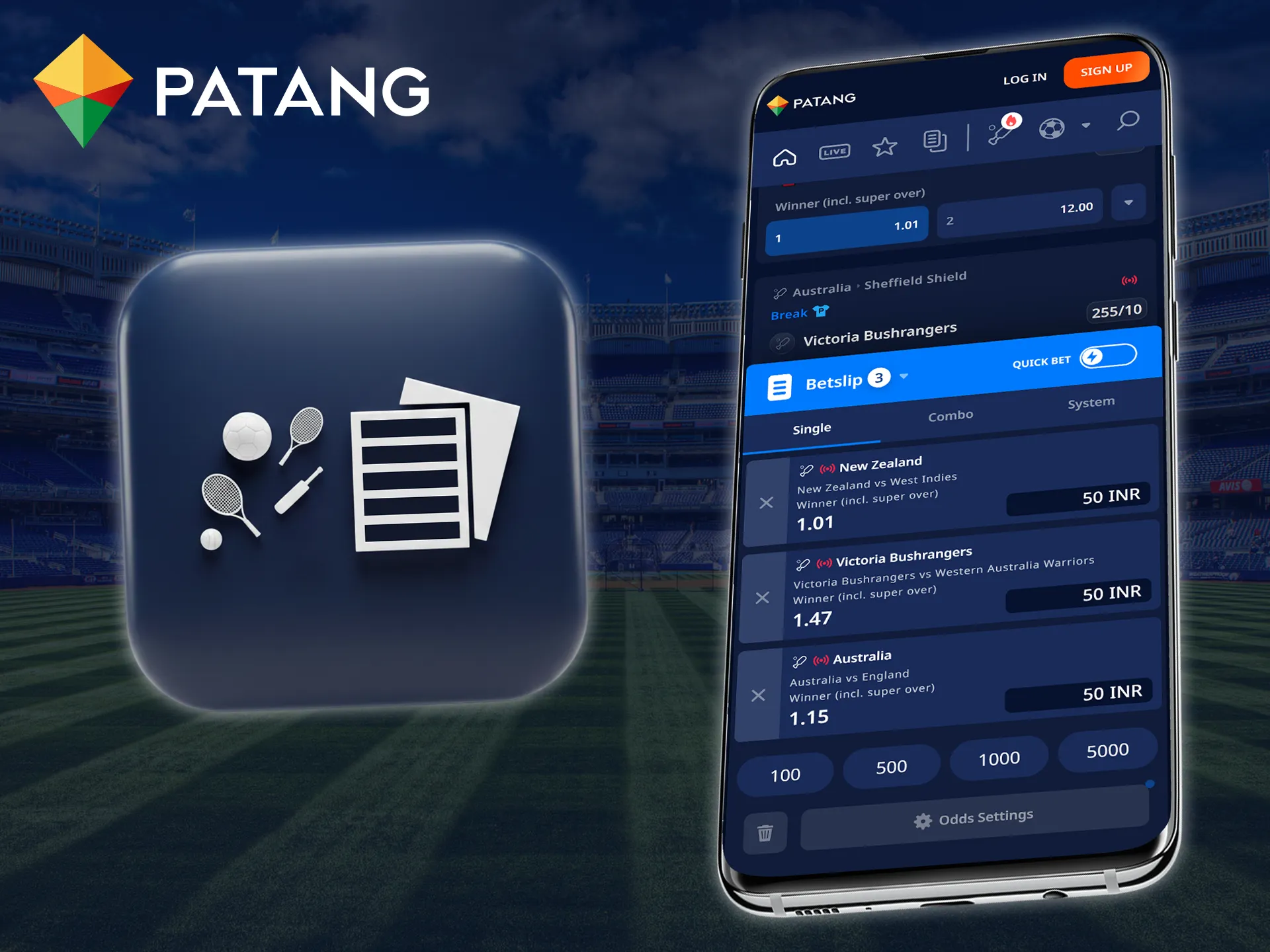 Patang app offers Single, Combined, and System bets for flexible betting strategies.