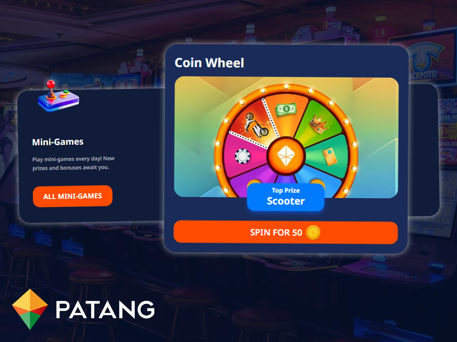 Spin the Coin Wheel to get free spins, money, and real prizes on Patang.