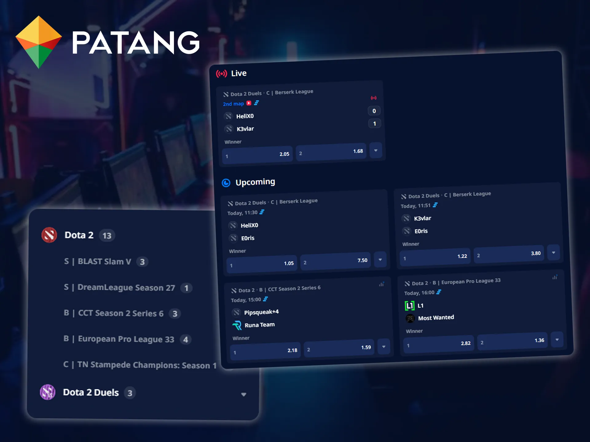 Place bets on intense Dota 2 matches at Patang.