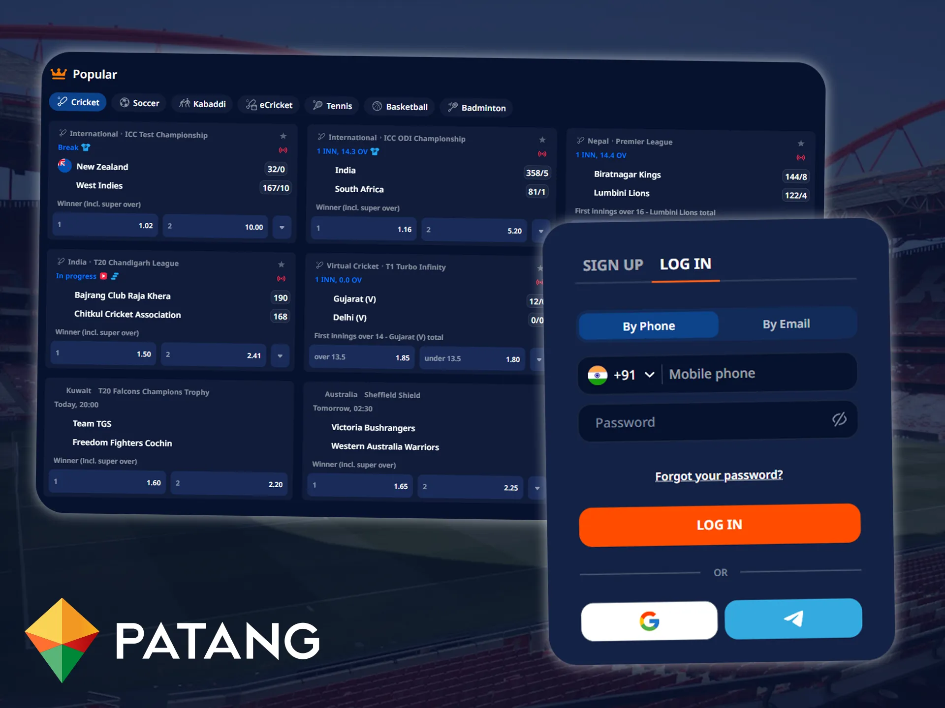 Deposit funds into your Patang account and start placing bets in the sports section.