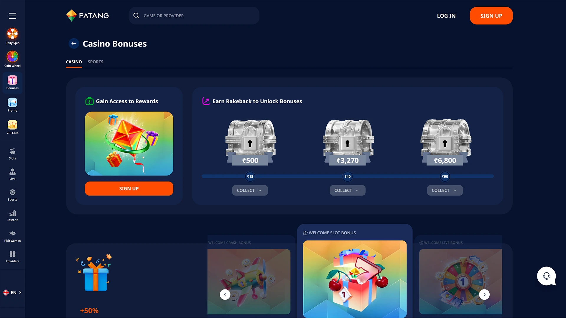 Sports and casino bonuses section on the Patang platform.