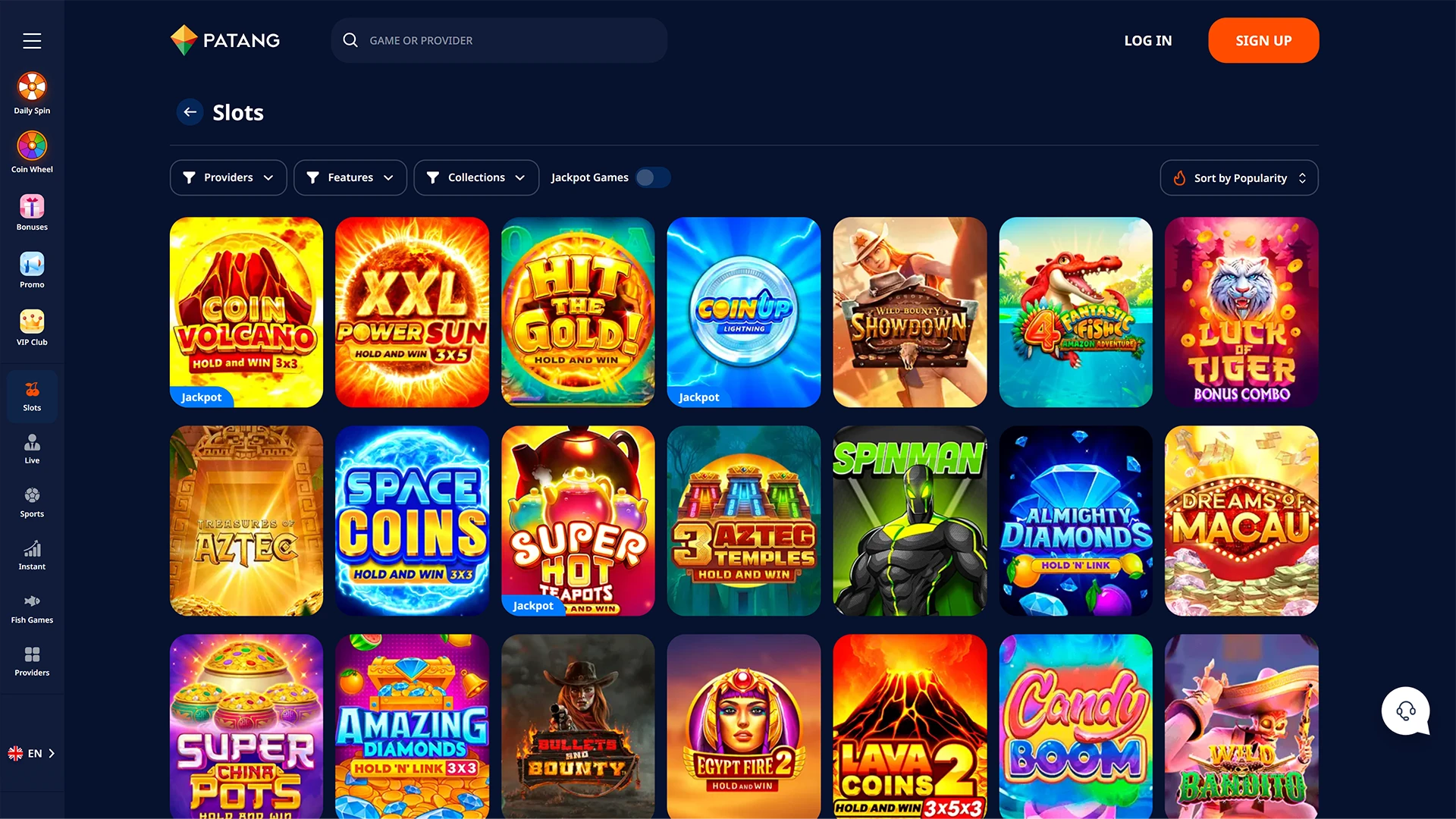 Casino section of the Patang platform.