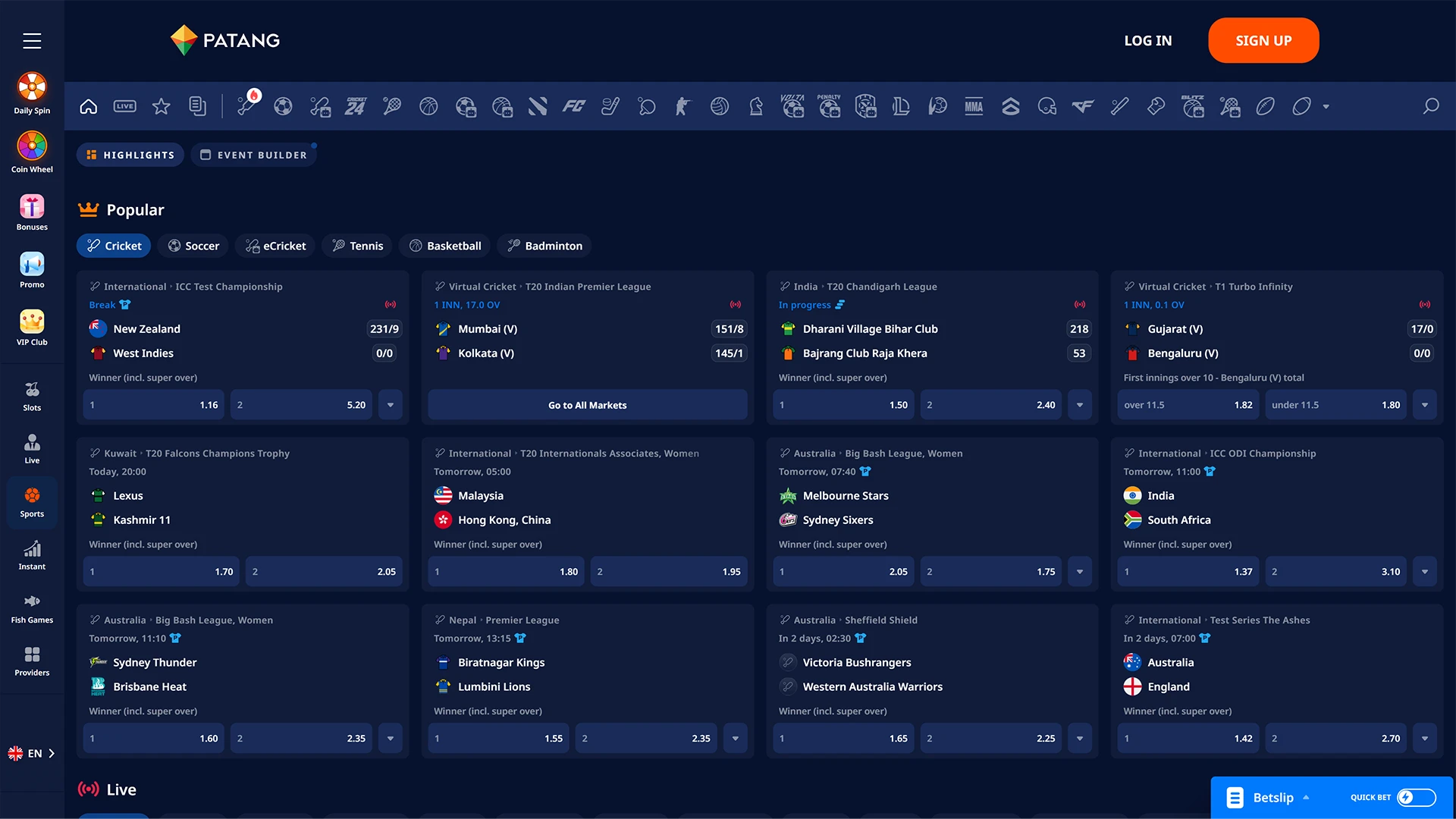 Sports betting section on the Patang platform.