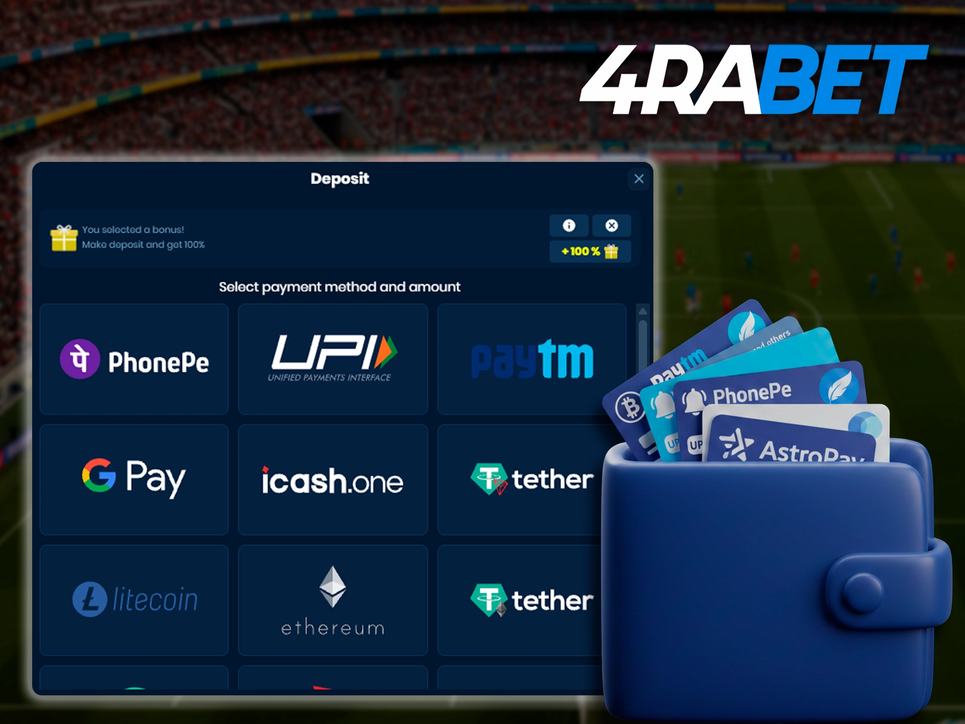 Fund your 4Rabet account balance using convenient and secure methods.