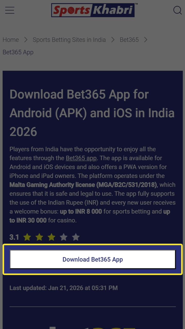 Initiate your Bet365 APK download with one simple click.