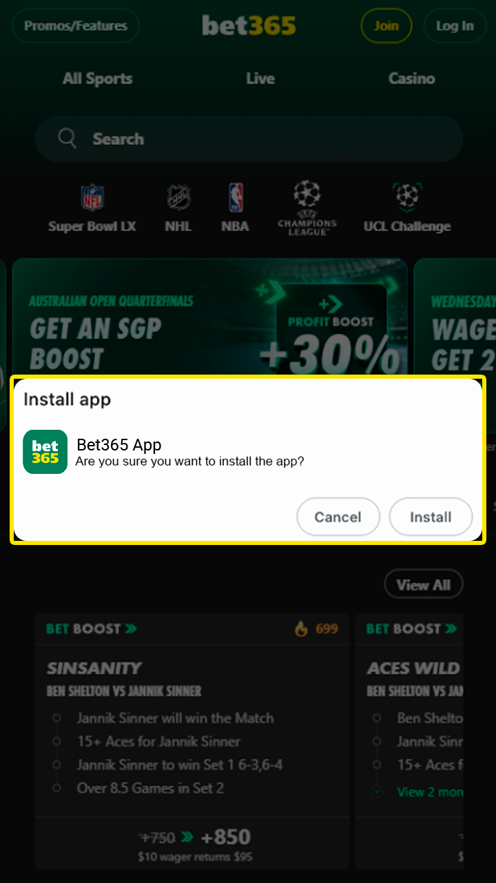 Finalize the Bet365 mobile software installation on your phone.