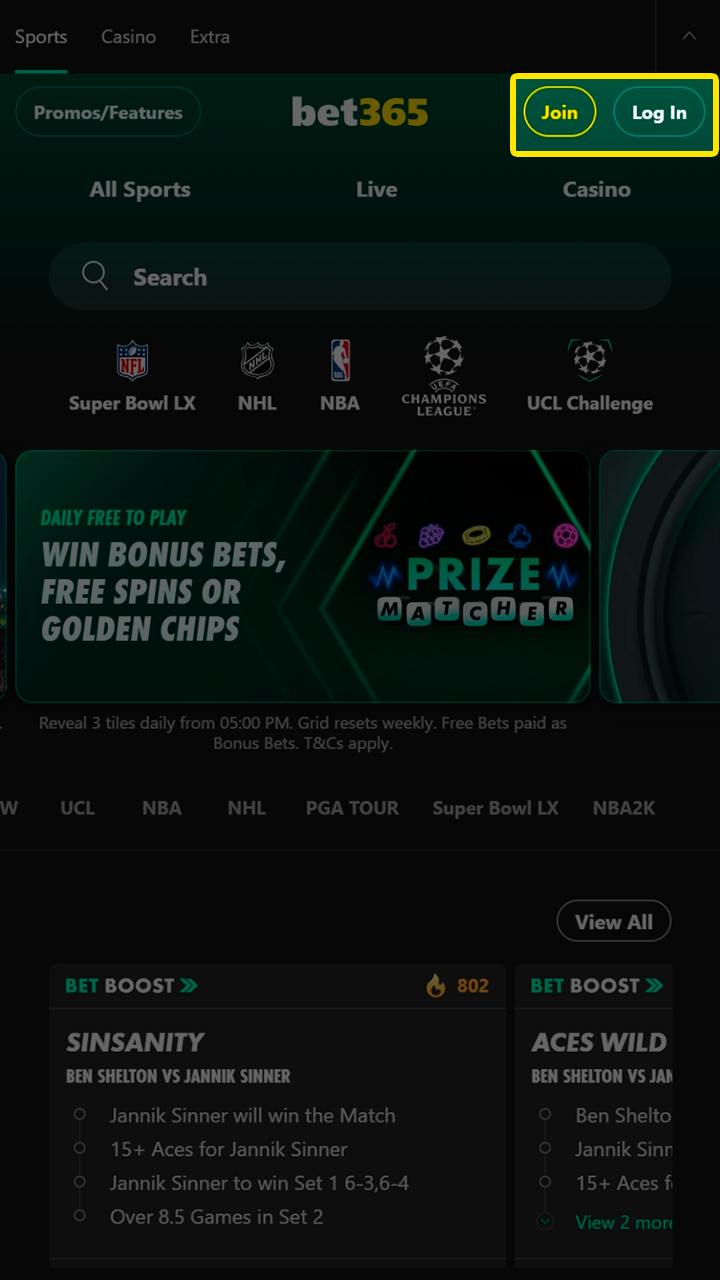 Access your Bet365 account or create a new one.